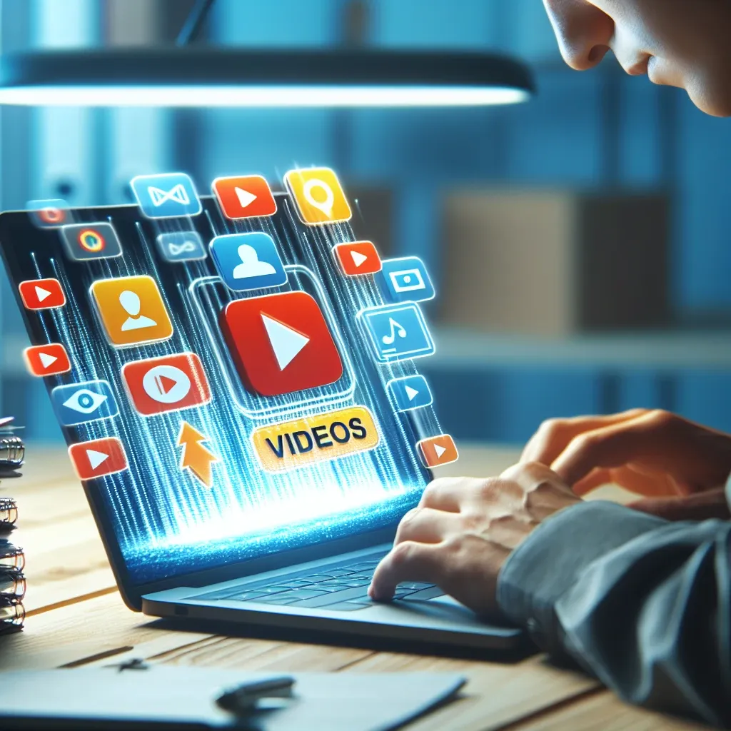 Seorang pengguna laptop yang sedang mengetik dengan ikon video digital muncul di layar.