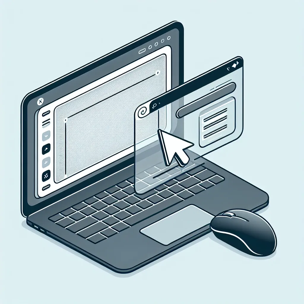 Ilustrasi laptop dengan layar yang menampilkan antarmuka digital dan kursor mouse.