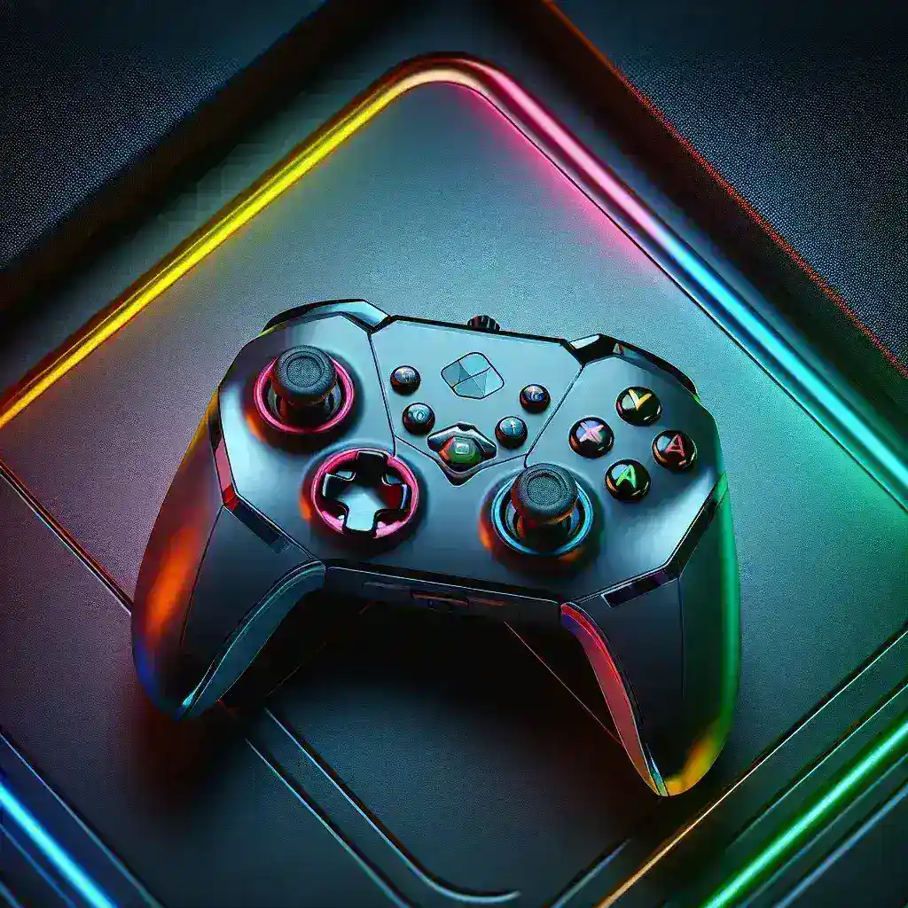 Pengontrol game hitam dengan lampu LED berwarna-warni di latar belakang gelap.