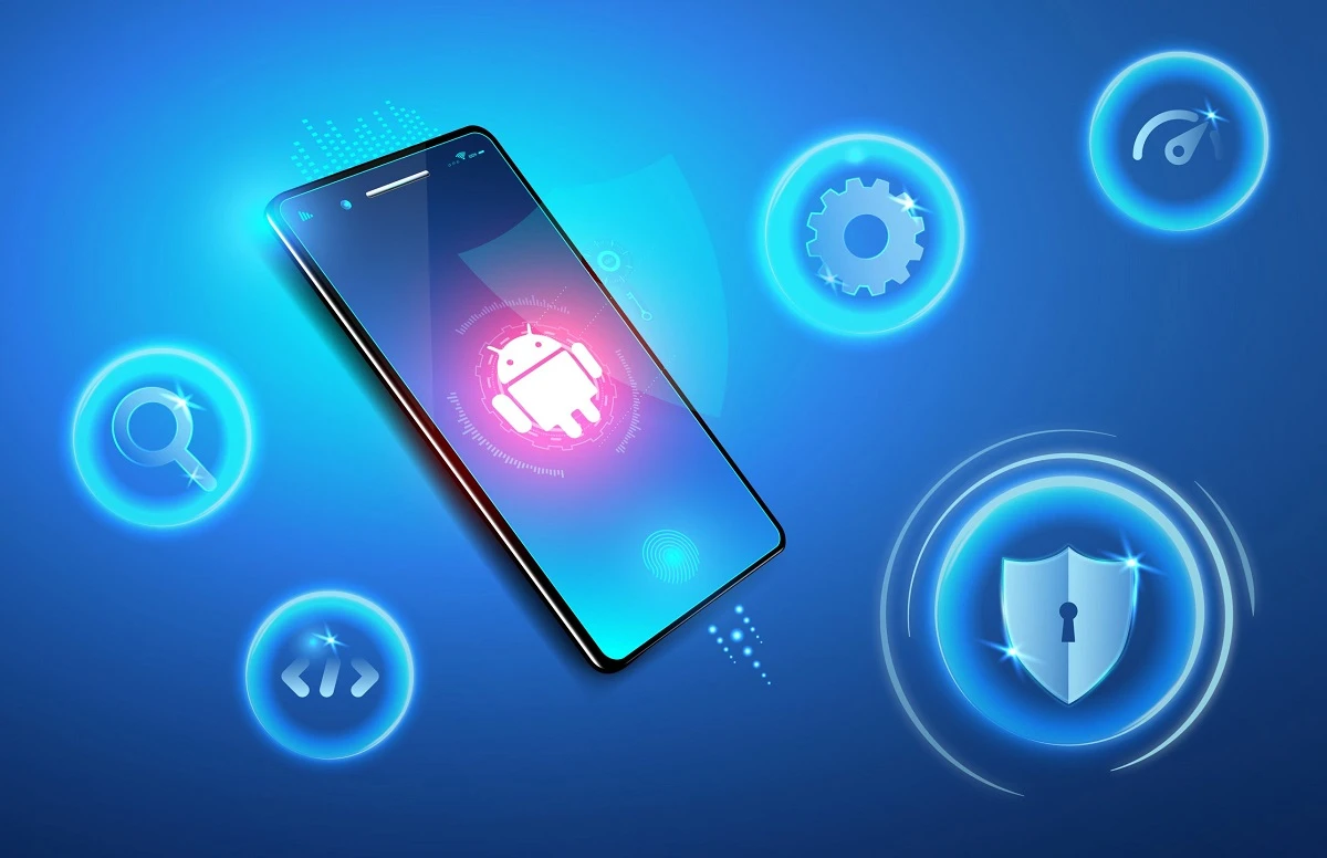 Smartphone dengan latar belakang biru dan ikon keamanan serta pengaturan di sekelilingnya.