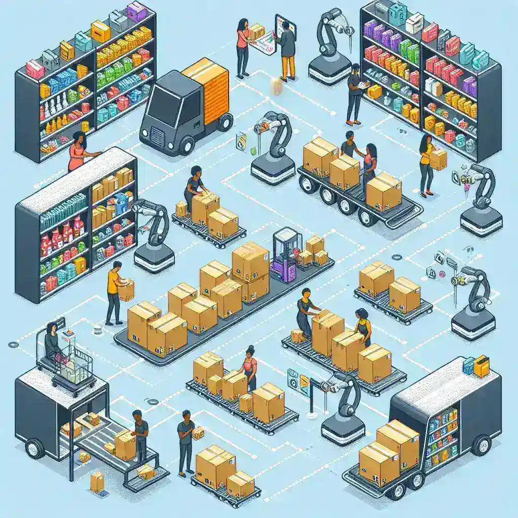 Ilustrasi yang menunjukkan berbagai aktivitas dalam proses logistik dan pergudangan dengan robot dan pekerja.