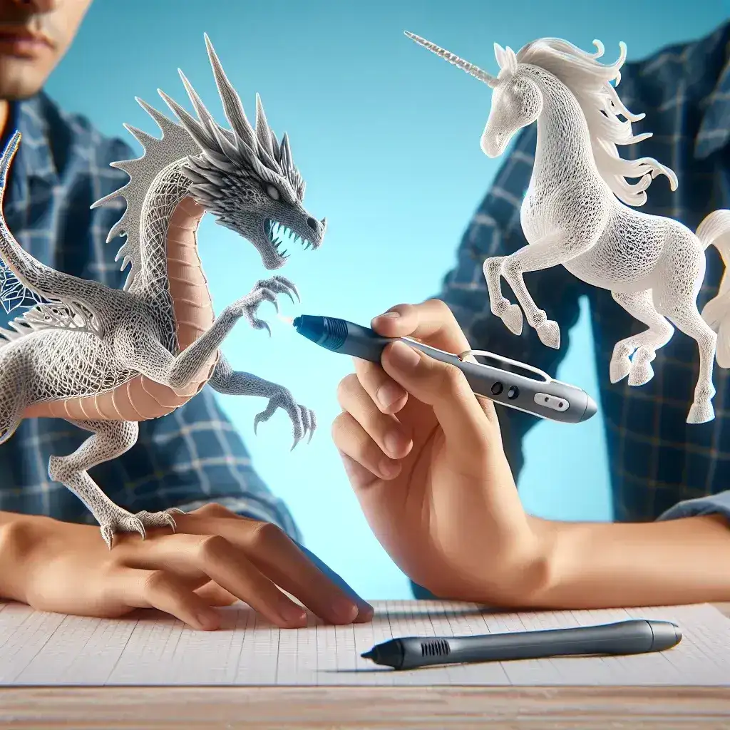 Dua makhluk fantasi, naga dan unicorn, muncul dalam bentuk 3D di atas meja dengan tangan yang memegang pena.