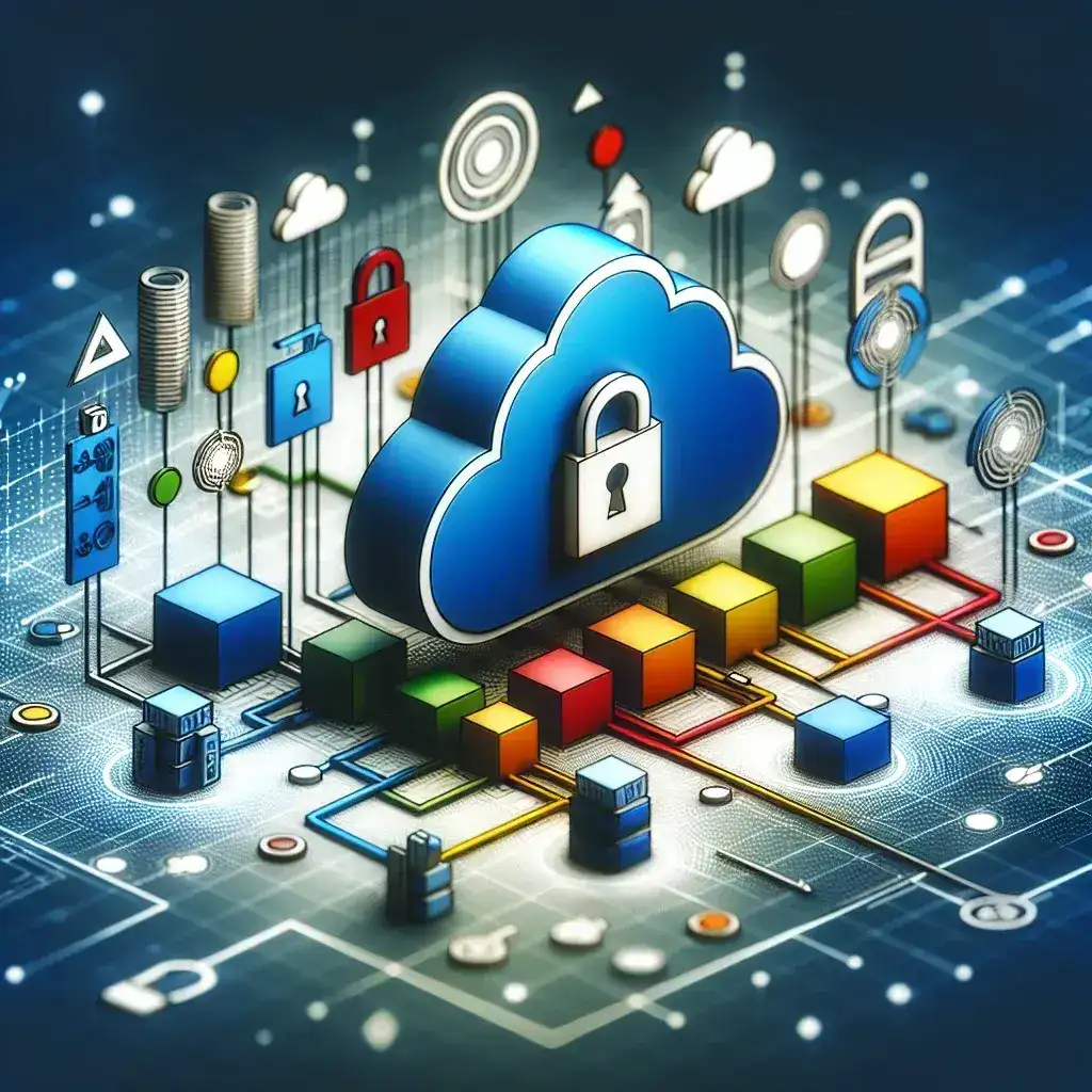 Ilustrasi cloud computing dengan simbol kunci dan berbagai ikon teknologi di sekitarnya.