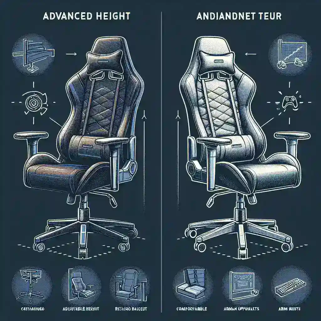 Gambar kursi gaming dengan fitur penyesuaian tinggi dan sandaran yang dapat direbahkan.