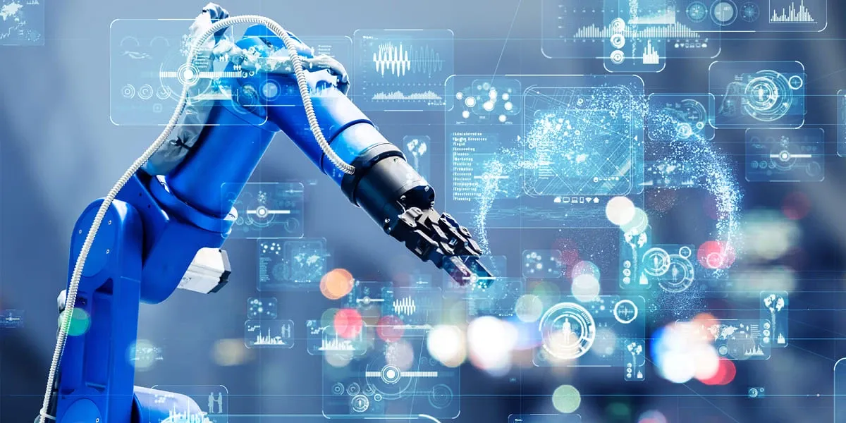 Lengan robotik berwarna biru dengan elemen antarmuka digital dan grafik data di latar belakang.
