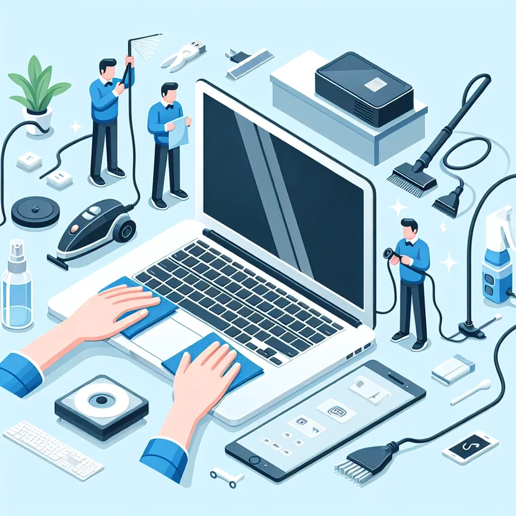 Ilustrasi yang menunjukkan tangan yang membersihkan laptop dengan alat kebersihan dan perangkat lainnya.