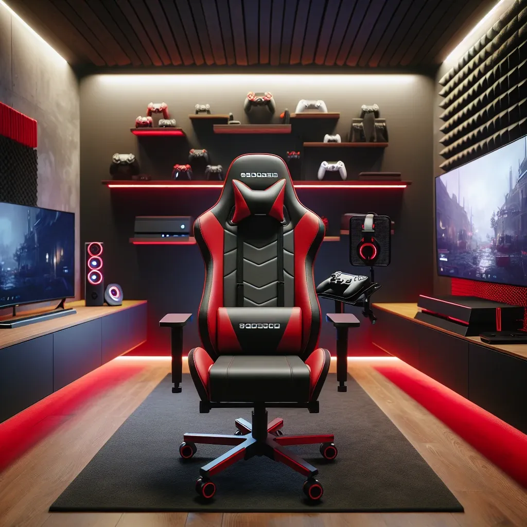 Kursi gaming hitam dan merah dengan sandaran tinggi di ruang permainan modern.