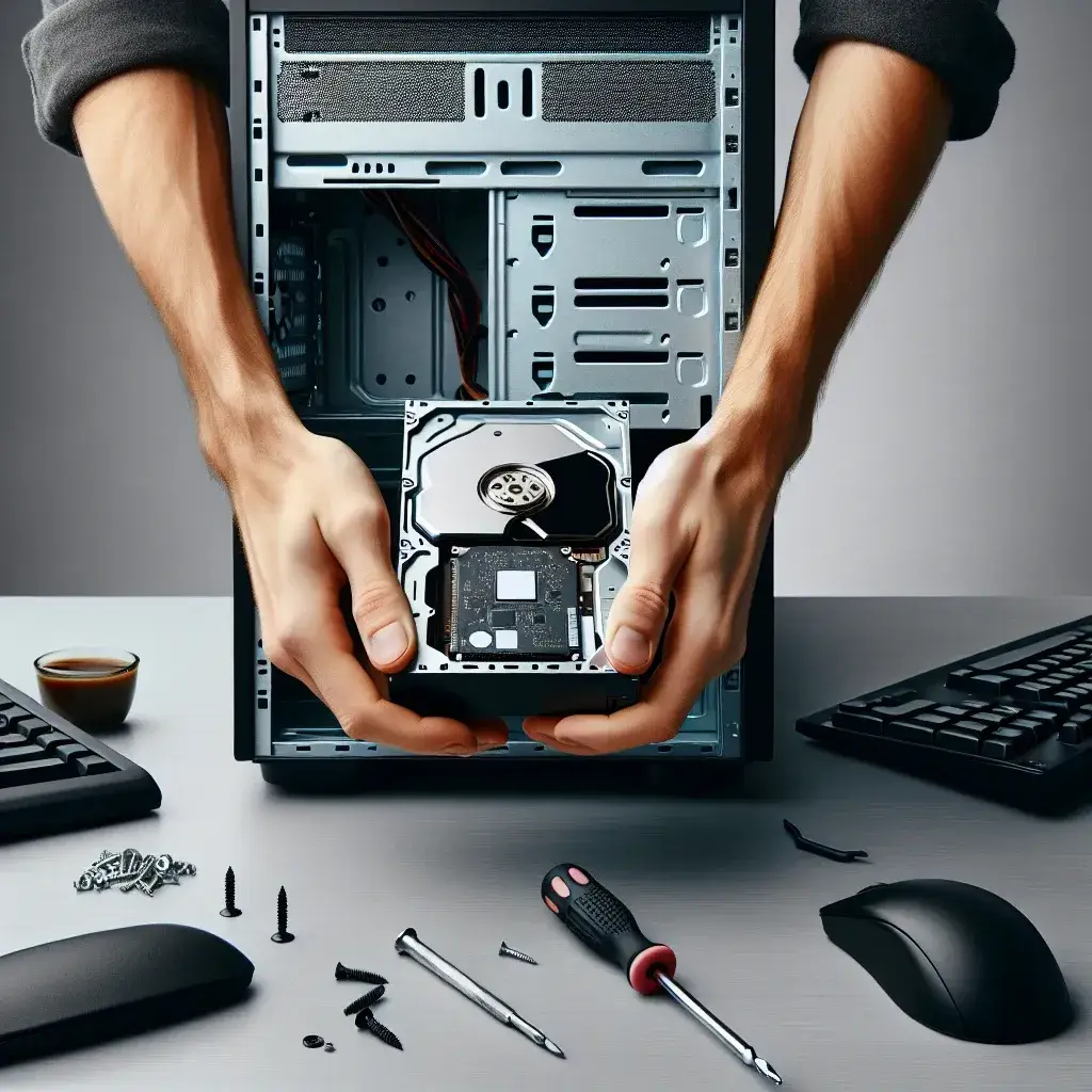 Seseorang memegang hard drive saat memasangnya ke dalam casing komputer yang terbuka.