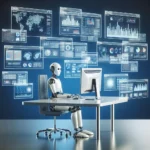 "Ilustrasi aplikasi AI dalam jurnalisme yang menunjukkan algoritma menghasilkan laporan berita berbasis data, menyoroti inovasi teknologi dan analisis data dalam proses peliputan berita."