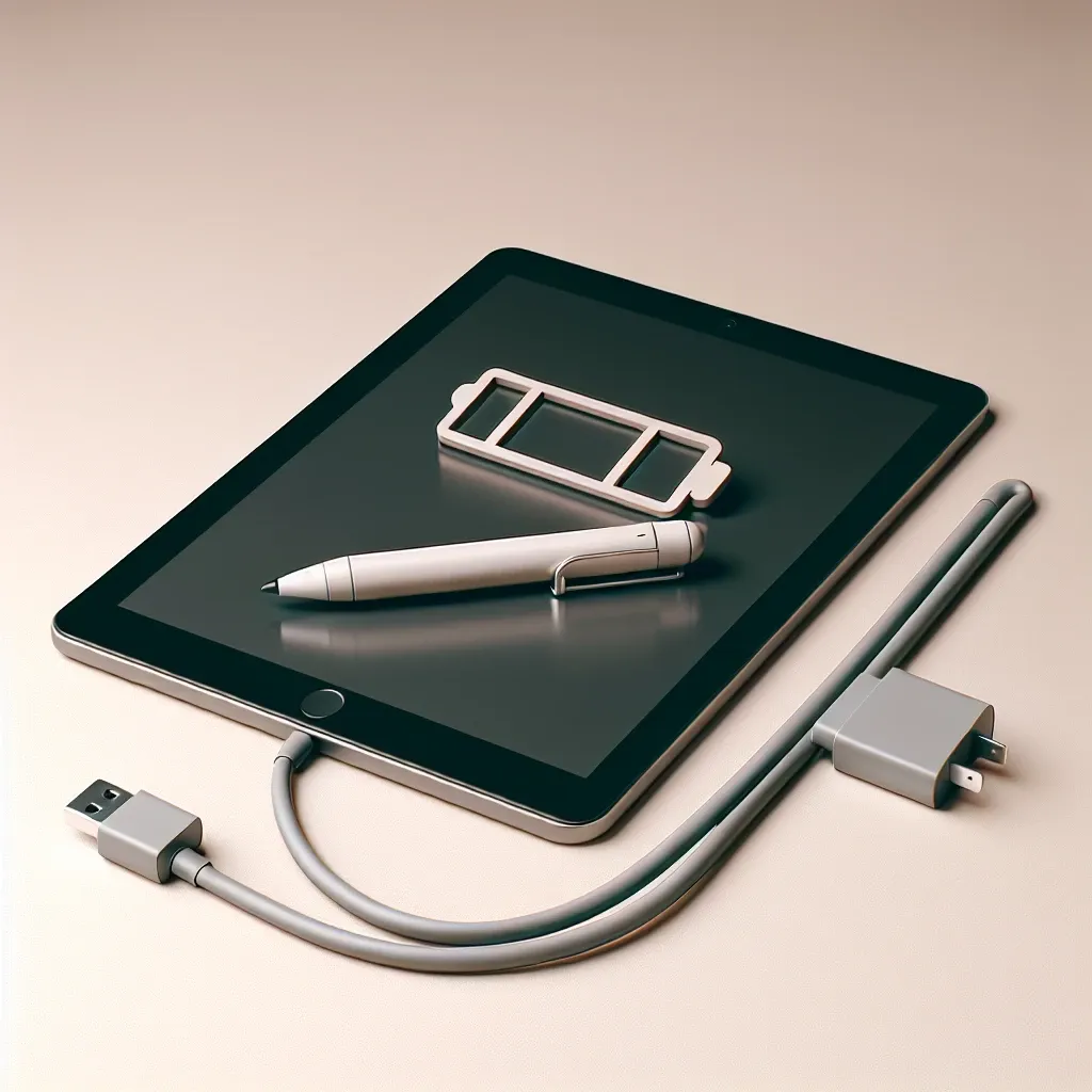 Tablet hitam dengan stylus dan kabel charger di atas permukaan datar.