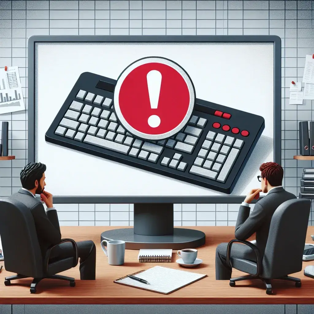 Dua pria duduk di depan layar komputer yang menampilkan gambar keyboard dengan tanda peringatan merah.