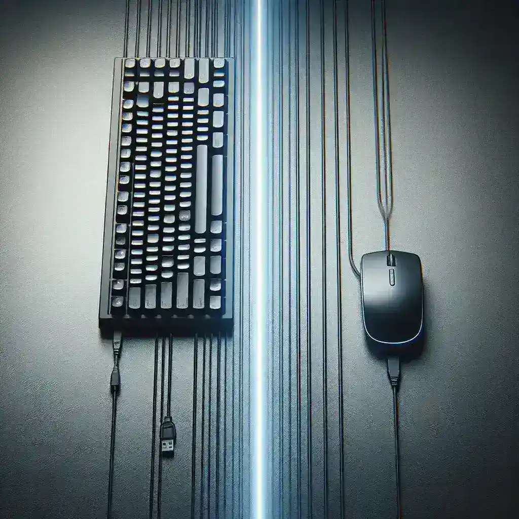 Keyboard hitam dengan kabel terhubung dan mouse hitam di sebelahnya, dengan latar belakang garis cahaya.