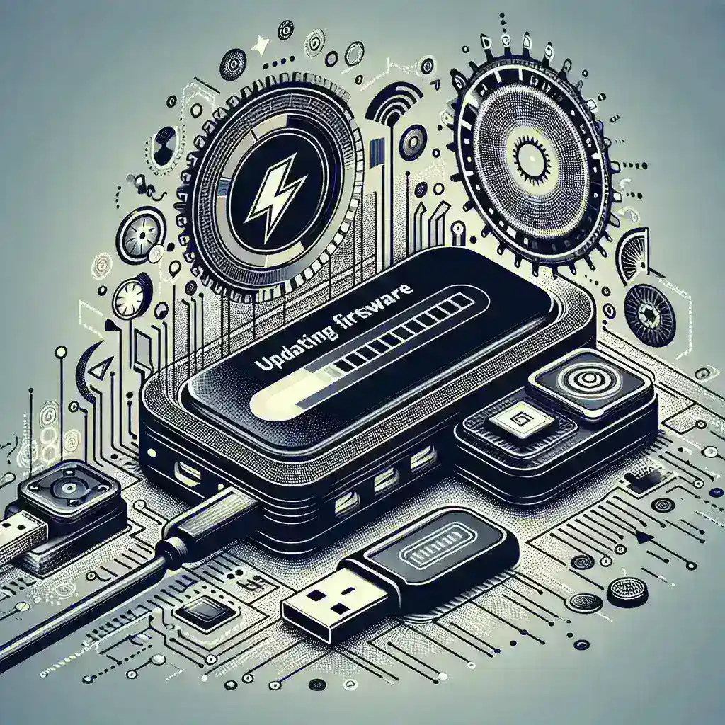 Gambar ilustrasi perangkat dengan indikator pembaruan firmware dan konektor USB.