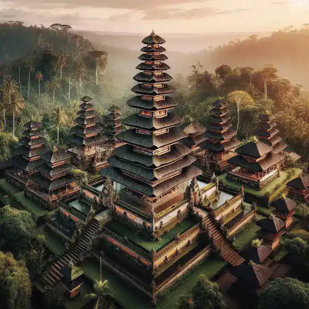 Pura dengan arsitektur tradisional Bali dikelilingi oleh pepohonan dan lanskap alami.