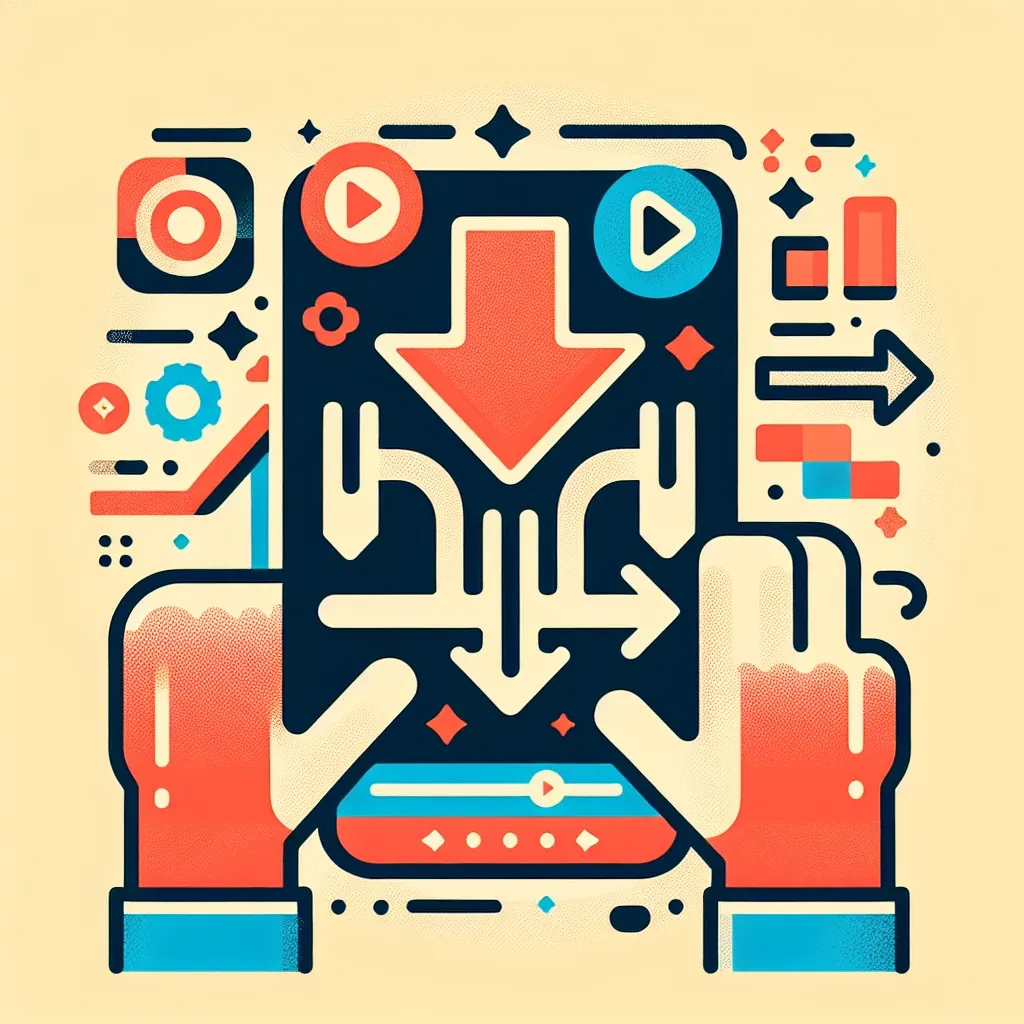 Ilustrasi grafis yang menunjukkan tangan yang memegang ponsel dengan ikon unduh dan elemen digital lainnya.
