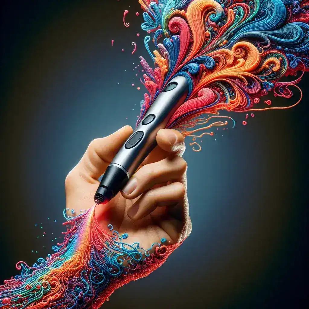 Tangan manusia menggenggam pena dengan aliran warna-warni yang keluar dari ujungnya.