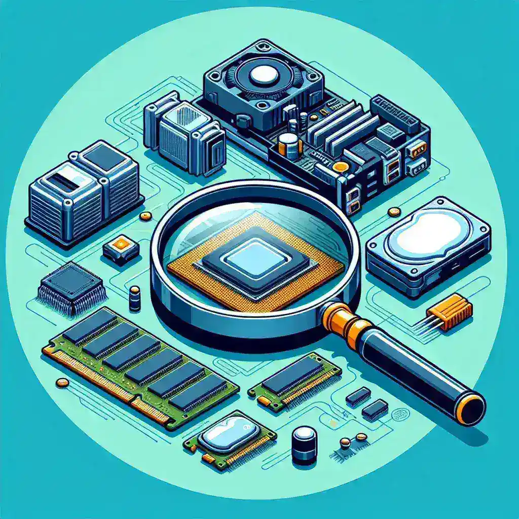 Ilustrasi komponen elektronik dengan magnifier di atas prosesor dan memori.