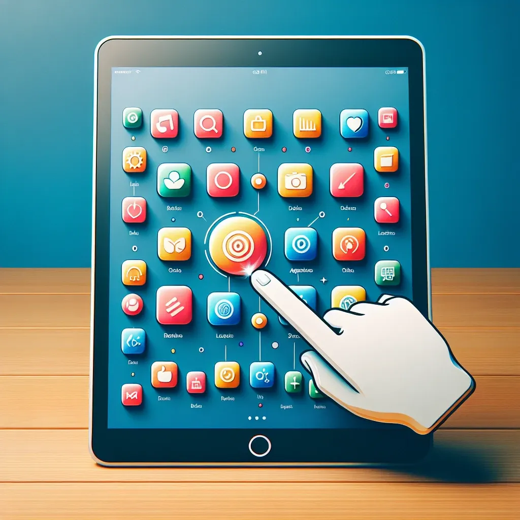 Tablet dengan layar menampilkan berbagai ikon aplikasi berwarna-warni dan tangan yang menunjuk ke salah satu ikon.
