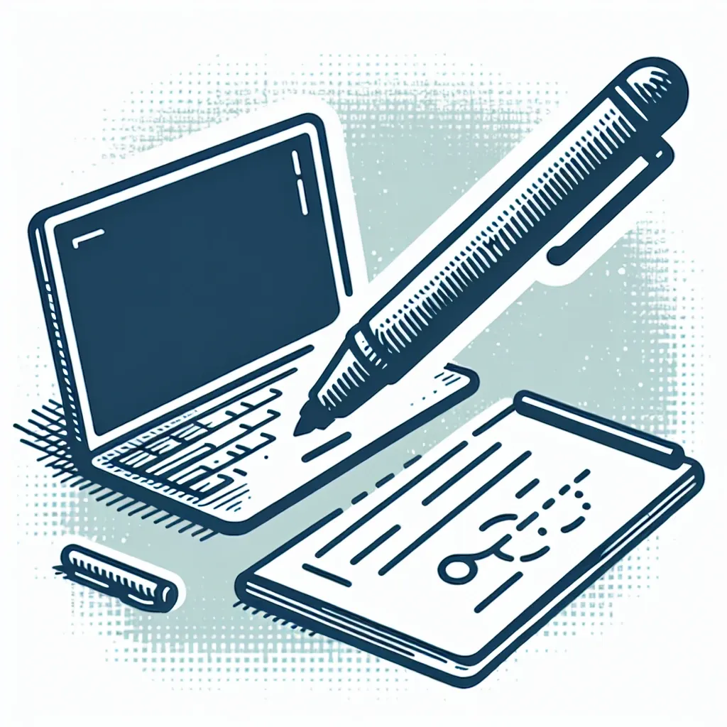 Ilustrasi laptop dengan pena dan kertas catatan di sampingnya, menggambarkan aktivitas menulis.