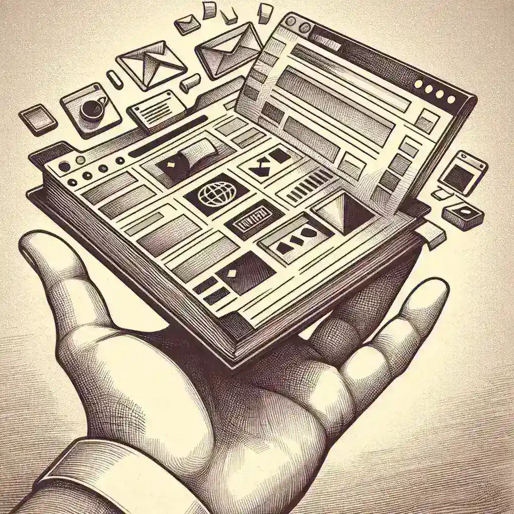 Ilustrasi tangan yang memegang buku digital dengan elemen desain grafis yang muncul dari dalamnya.