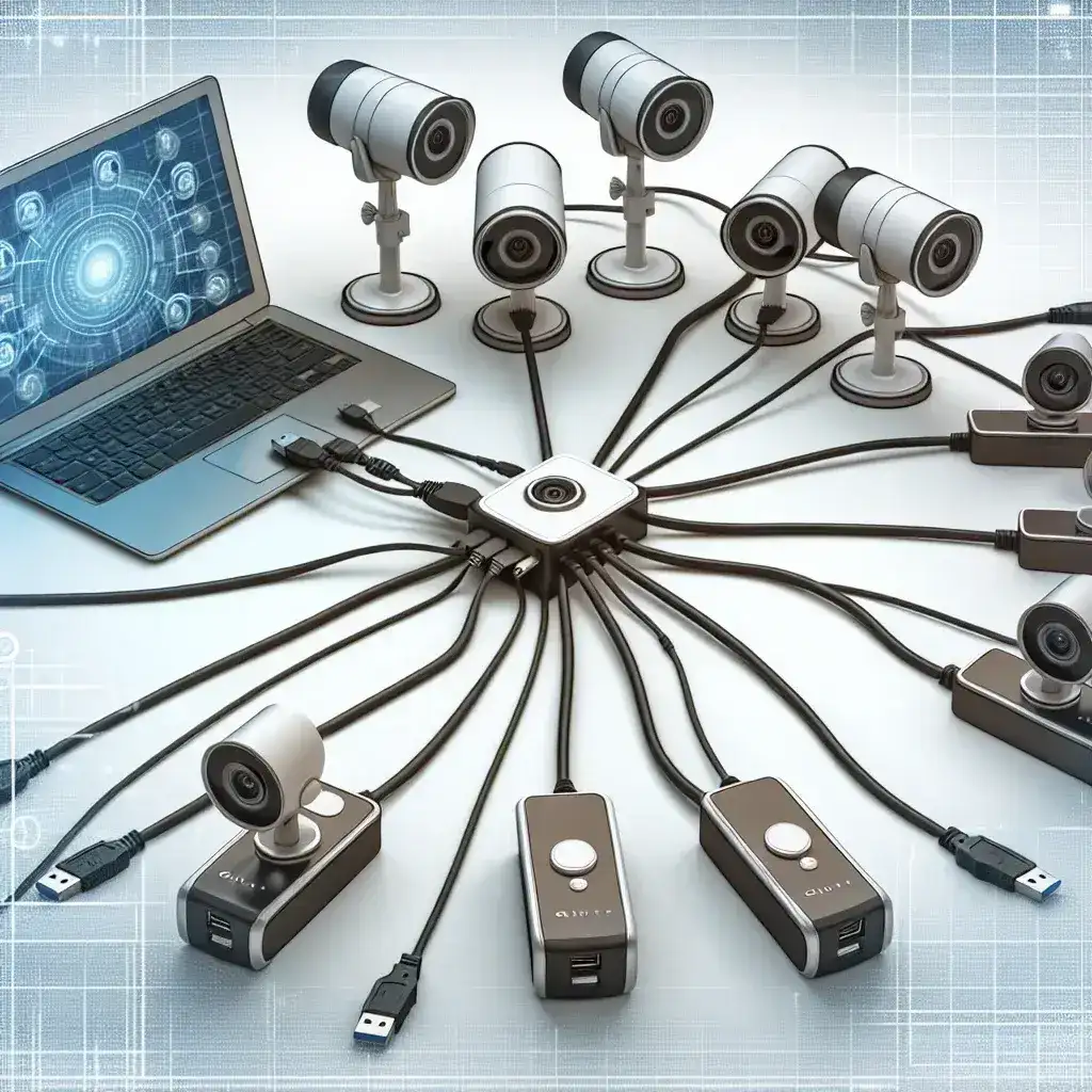 Sistem kamera yang terhubung dengan laptop melalui berbagai kabel USB di atas permukaan datar.
