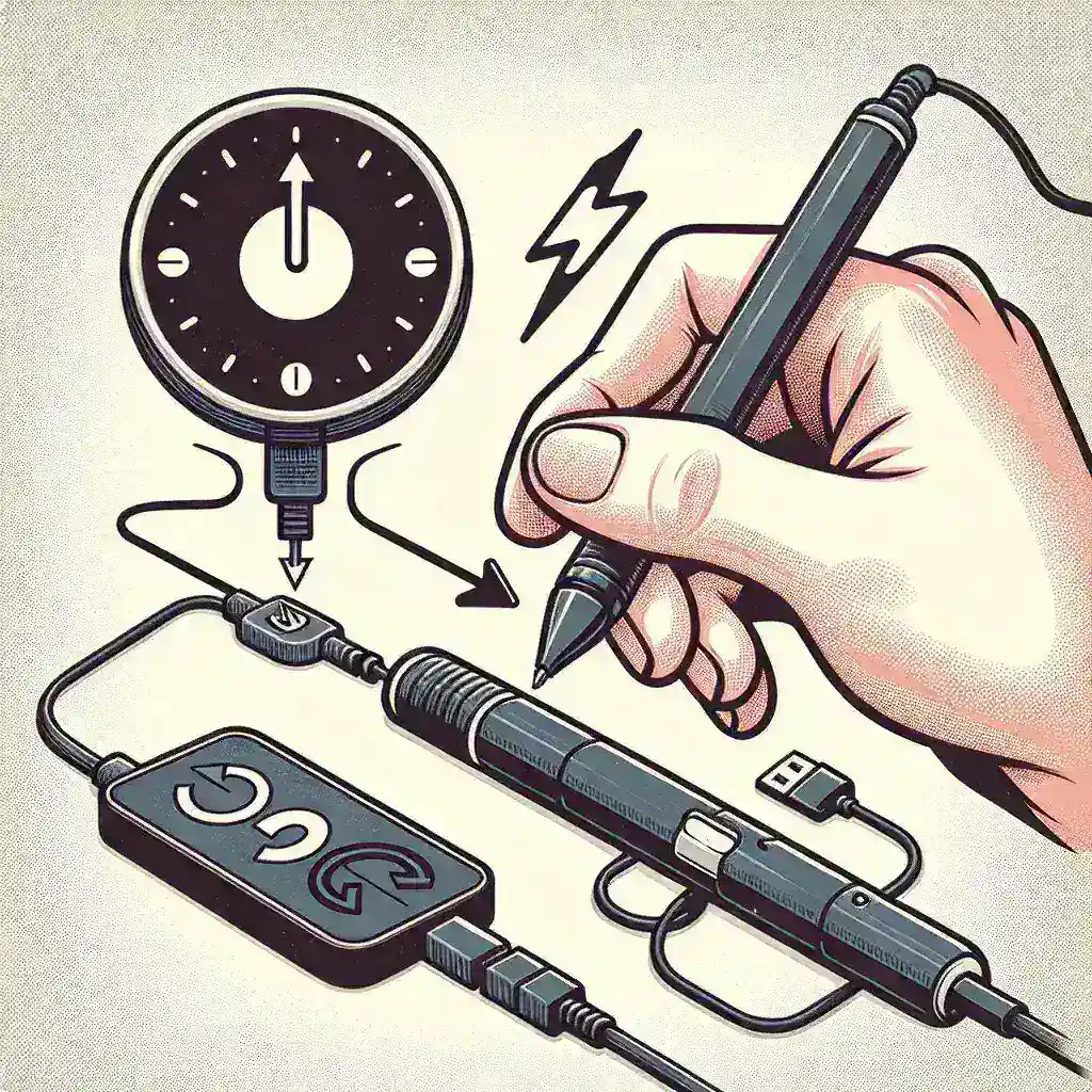 Gambar tangan yang memegang pena, terhubung dengan perangkat elektronik dan jam.