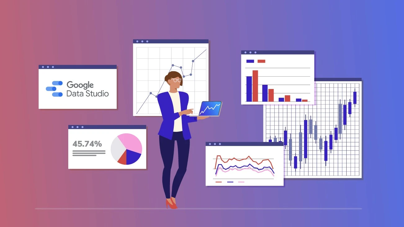 Ilustrasi seorang wanita memegang tablet dengan grafik dan diagram di latar belakang.