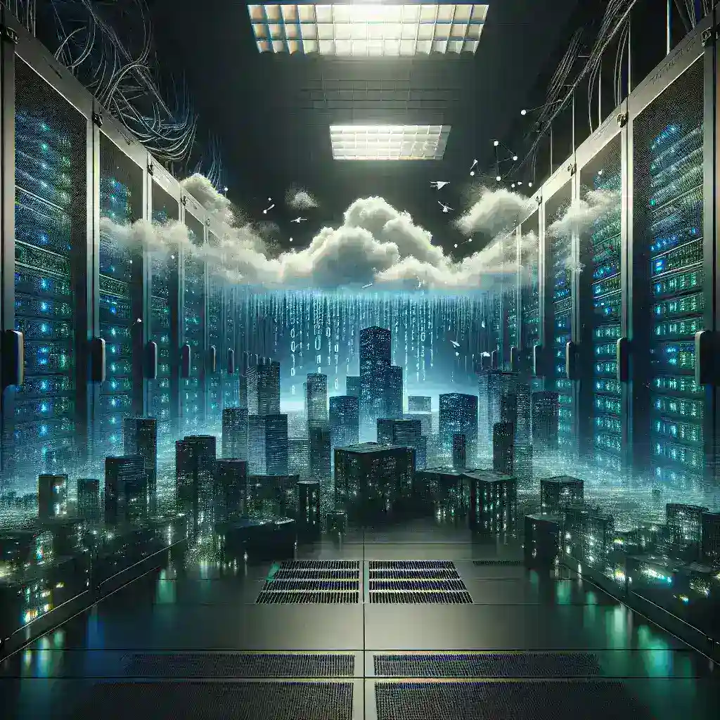 Ruang data dengan server dan awan digital di atas kota futuristik dengan elemen kode biner.