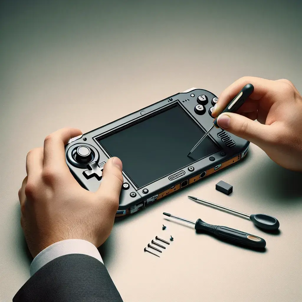 Seseorang sedang memperbaiki konsol game portabel dengan alat dan sekrup di meja.
