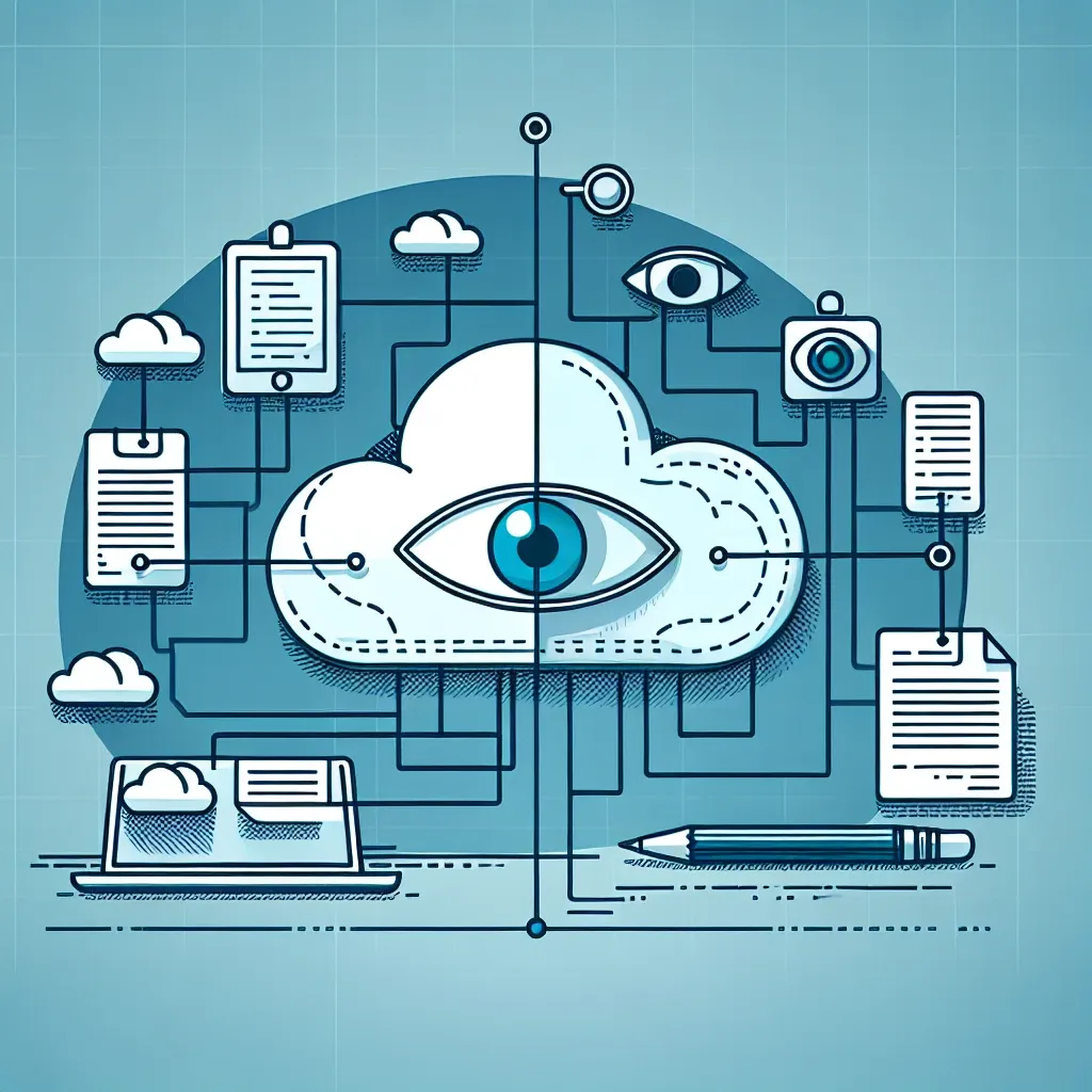 Ilustrasi cloud computing dengan mata, perangkat, dan dokumen yang terhubung dalam desain grafis.