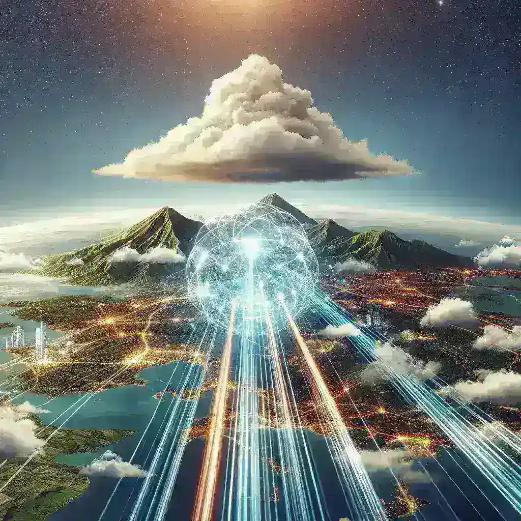 Ilustrasi futuristik menampilkan gunung dengan cahaya yang memancar dari pusatnya di langit malam.