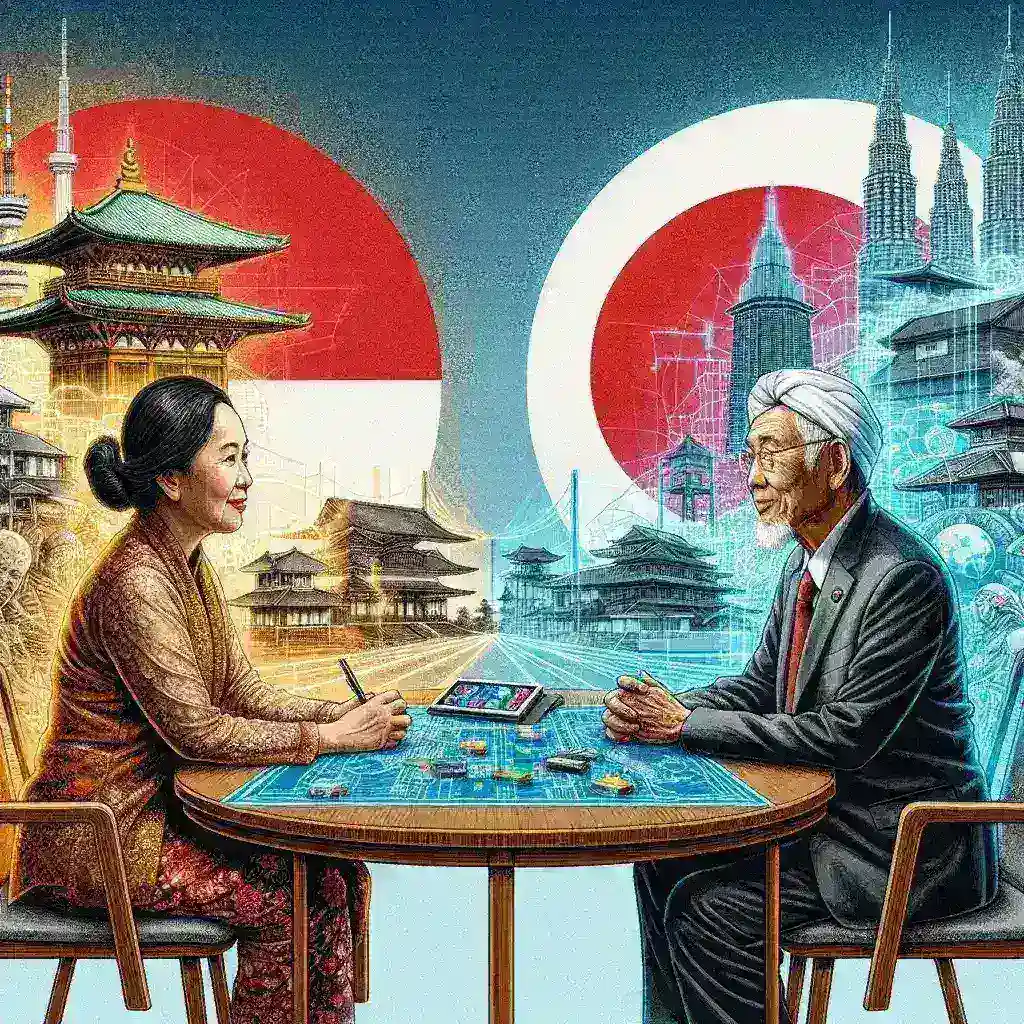"Indonesia and Japan leaders discussing critical infrastructure protection cooperation during a bilateral meeting, symbolizing strengthened ties and collaborative efforts in safeguarding vital assets."