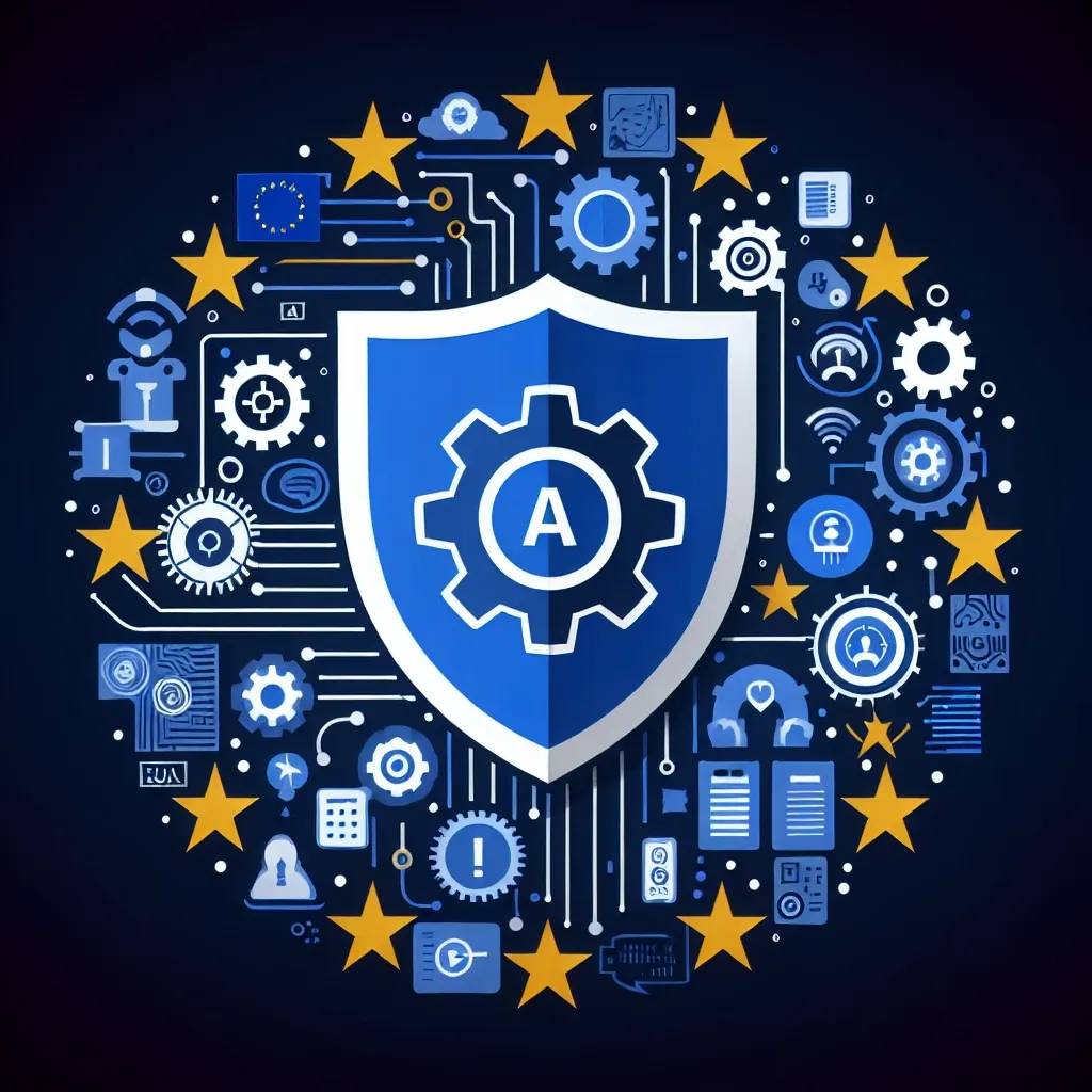 "Ilustrasi penegakan regulasi penggunaan data AI di Uni Eropa, menampilkan simbol privasi digital dan inovasi teknologi modern."