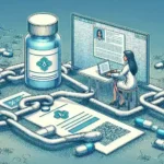"Ilustrasi implementasi teknologi blockchain untuk verifikasi obat asli dan pencegahan pemalsuan, menampilkan diagram alur proses verifikasi dan manfaat blockchain dalam industri farmasi."