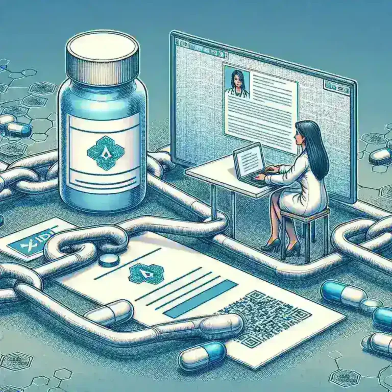 "Ilustrasi implementasi teknologi blockchain untuk verifikasi obat asli dan pencegahan pemalsuan, menampilkan diagram alur proses verifikasi dan manfaat blockchain dalam industri farmasi."