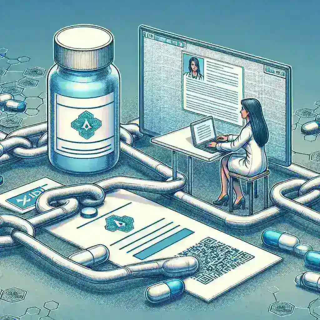 "Ilustrasi implementasi teknologi blockchain untuk verifikasi obat asli dan pencegahan pemalsuan, menampilkan diagram alur proses verifikasi dan manfaat blockchain dalam industri farmasi."