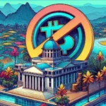 "Ilustrasi larangan iklan kripto di Indonesia oleh Kominfo, menampilkan simbol cryptocurrency dengan latar belakang bendera Indonesia, mencerminkan regulasi dan izin resmi yang diperlukan untuk iklan kripto."