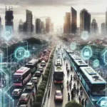 "Mode AR Live View Google Maps untuk Transportasi Umum di Jakarta, menunjukkan antarmuka pengguna dengan petunjuk arah secara real-time dan ikon kendaraan umum di latar belakang kota Jakarta."