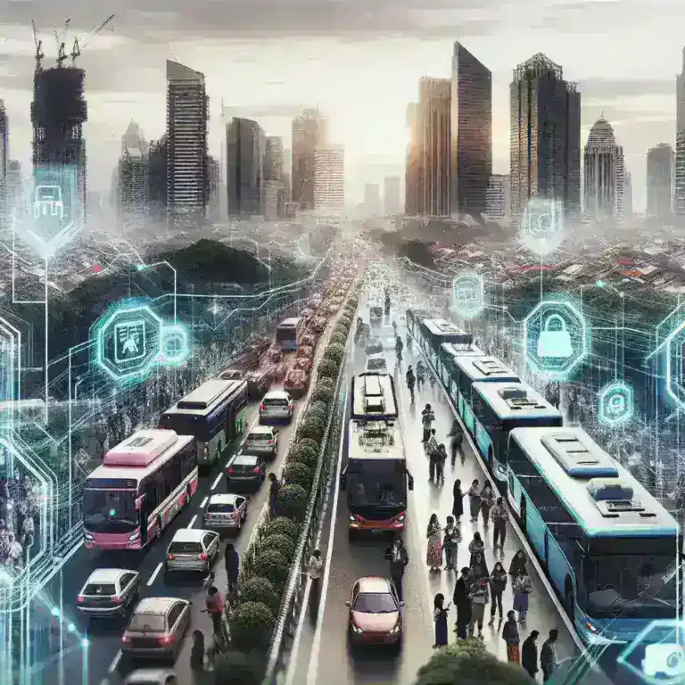 "Mode AR Live View Google Maps untuk Transportasi Umum di Jakarta, menunjukkan antarmuka pengguna dengan petunjuk arah secara real-time dan ikon kendaraan umum di latar belakang kota Jakarta."