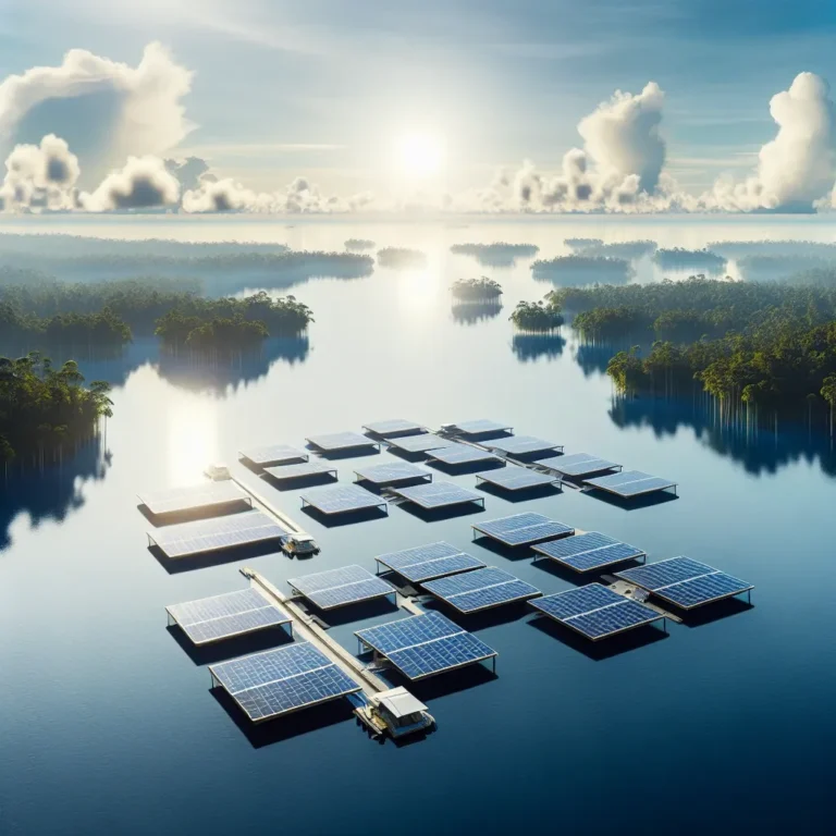 "PLTS Terapung Terbesar di Asia Tenggara di Kalimantan, Indonesia - Gambar menampilkan panel surya terapung di danau, mencerminkan inovasi energi terbarukan dan keberlanjutan."