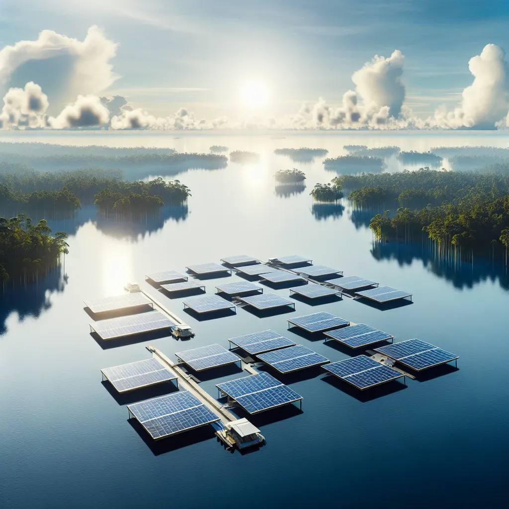 "PLTS Terapung Terbesar di Asia Tenggara di Kalimantan, Indonesia - Gambar menampilkan panel surya terapung di danau, mencerminkan inovasi energi terbarukan dan keberlanjutan."