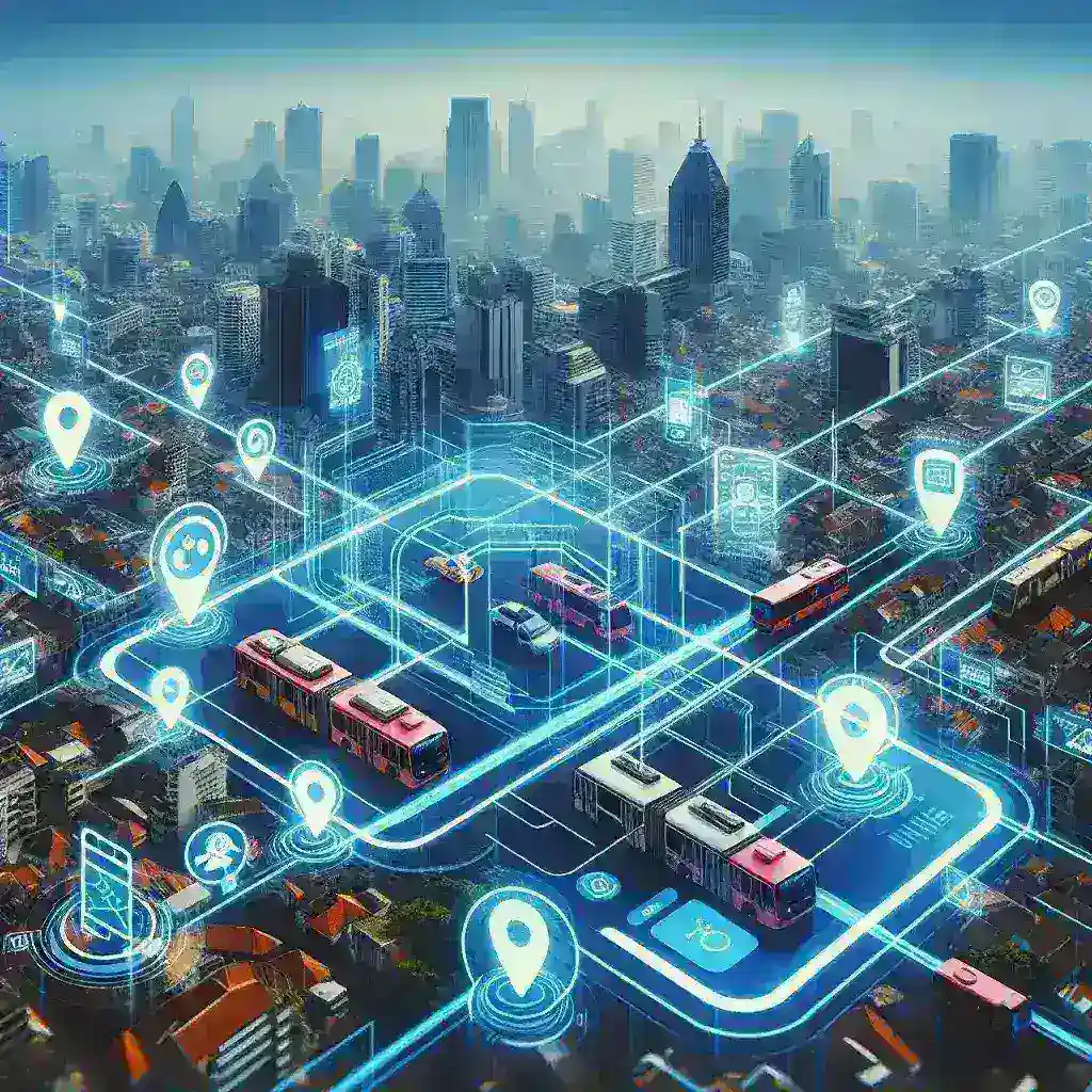 "Google Maps AR Live View feature for public transportation in Jakarta, showcasing augmented reality navigation on a smartphone in an urban environment"